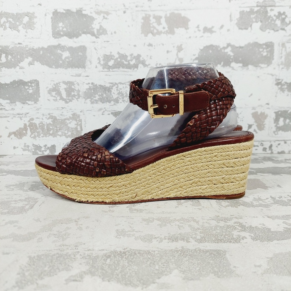 Vero Cuoio Brown Woven Leather Espadrille Platform Wedge Sandals D672